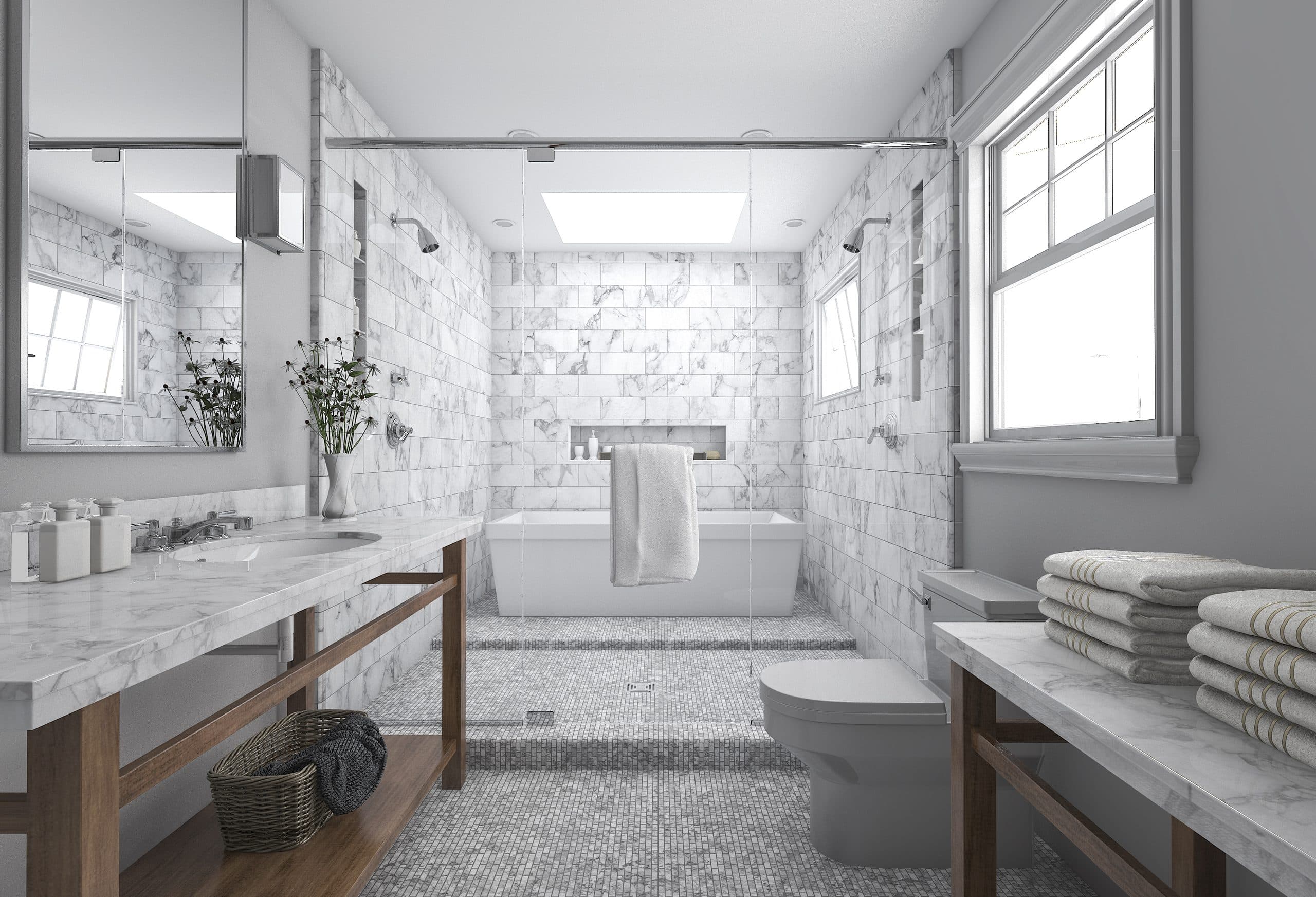 Remodeled bathroom with a tiled walk-in shower, glass enclosure and floating vanity