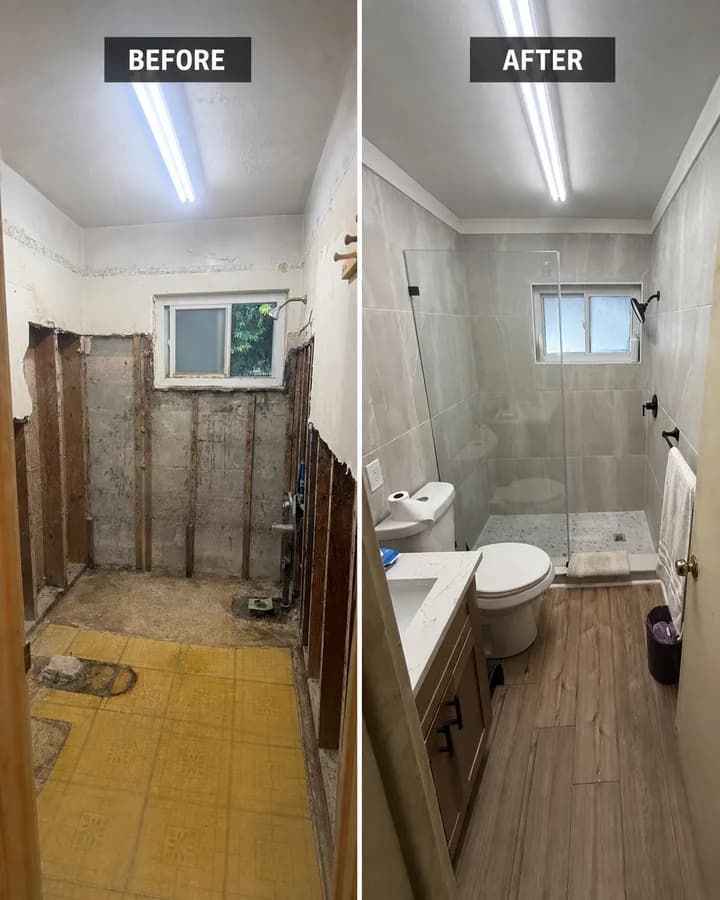 Before and after of a bathroom remodel: stripped walls and subfloor replaced with tiled walls, a new vanity and finished flooring