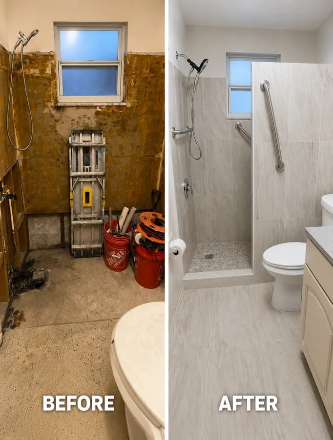 Before and after of a tub-to-shower conversion: an old alcove bathtub replaced with a tiled walk-in shower