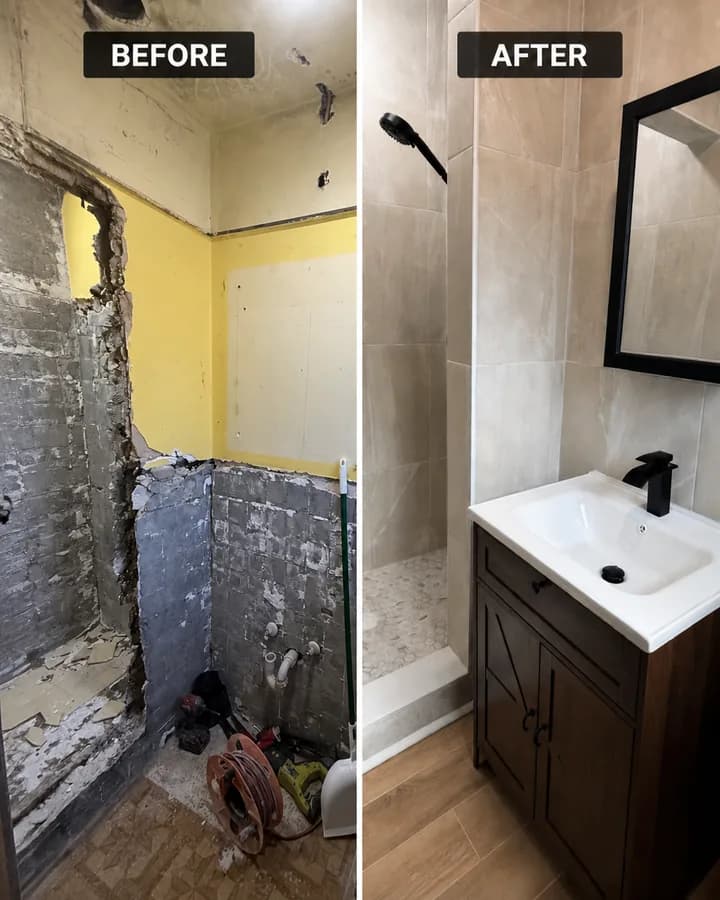 Before and after of a bathroom vanity wall: dated yellow walls replaced with a new vanity, mirror and tiled surround