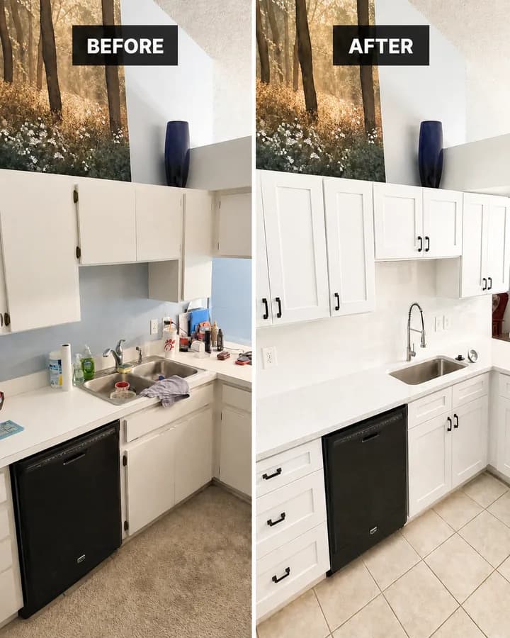 Before and after of a kitchen wall: bare painted wall replaced with a full tile backsplash