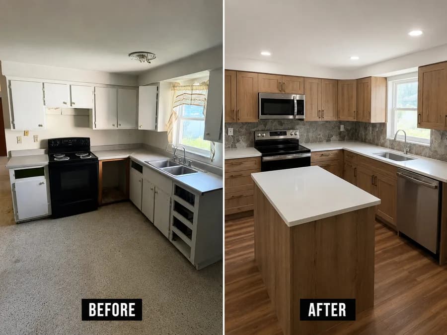 Before and after of a kitchen remodel: dated white cabinets and worn flooring replaced with wood shaker cabinetry, a quartz island and plank flooring